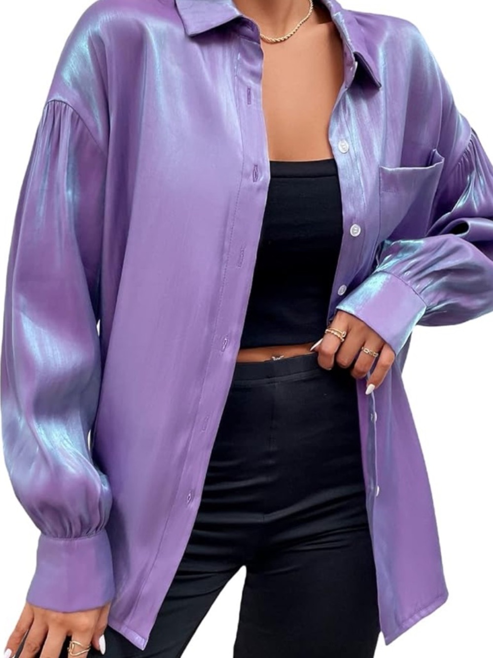 Women's Oversized Metallic Satin Shirt Jacket - Purple